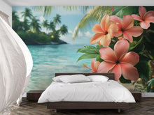 Load image into Gallery viewer, Tropical Hibiscus Wallpaper Mural – Boho Coastal Wall Decor with Ocean View – Peel &amp; Stick or Paste – Beach Bedroom Wall Art