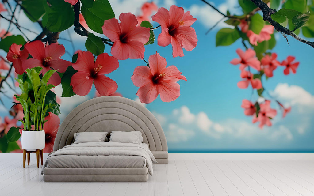 Island Paradise Hibiscus Wallpaper Mural – Beach Floral Wall Decor – Tropical Ocean View – Peel & Stick or Paste – Bedroom Coastal Accent