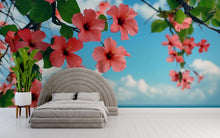 Load image into Gallery viewer, Island Paradise Hibiscus Wallpaper Mural – Beach Floral Wall Decor – Tropical Ocean View – Peel &amp; Stick or Paste – Bedroom Coastal Accent