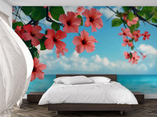 Load image into Gallery viewer, Island Paradise Hibiscus Wallpaper Mural – Beach Floral Wall Decor – Tropical Ocean View – Peel &amp; Stick or Paste – Bedroom Coastal Accent