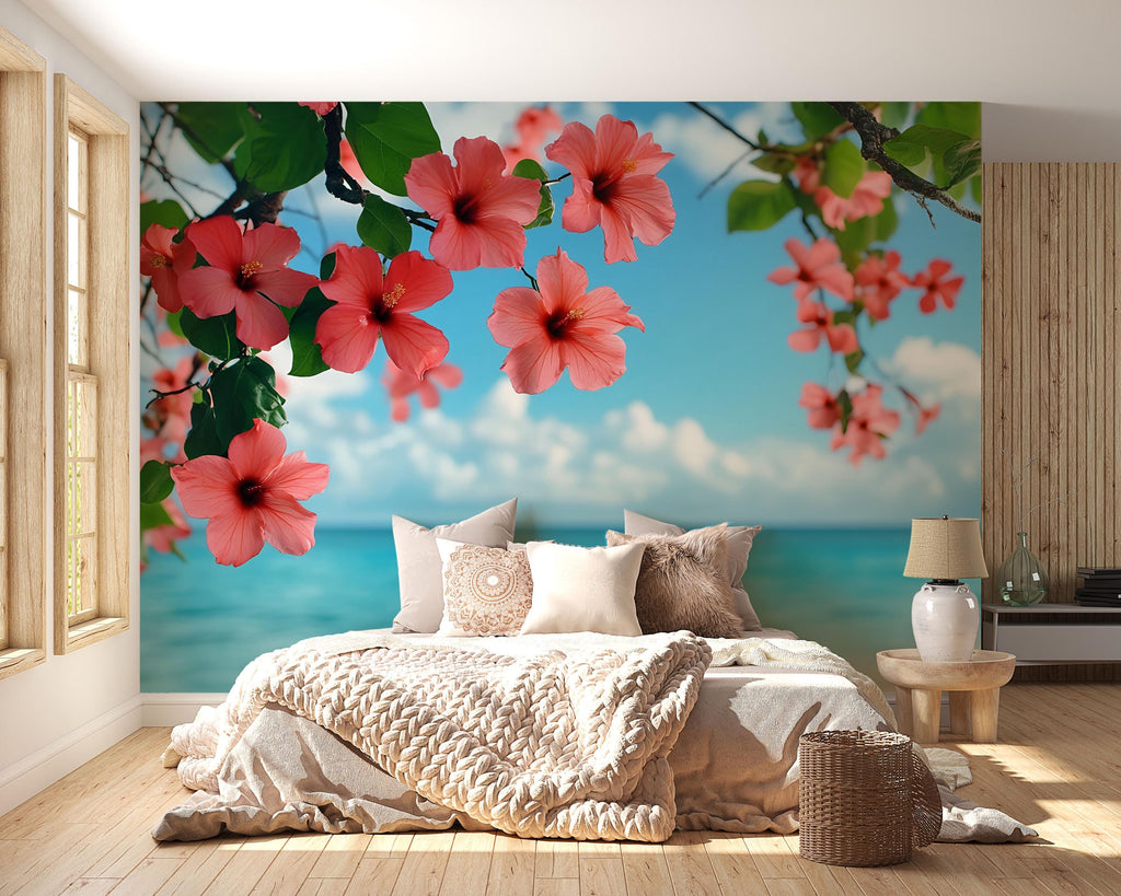 Island Paradise Hibiscus Wallpaper Mural – Beach Floral Wall Decor – Tropical Ocean View – Peel & Stick or Paste – Bedroom Coastal Accent