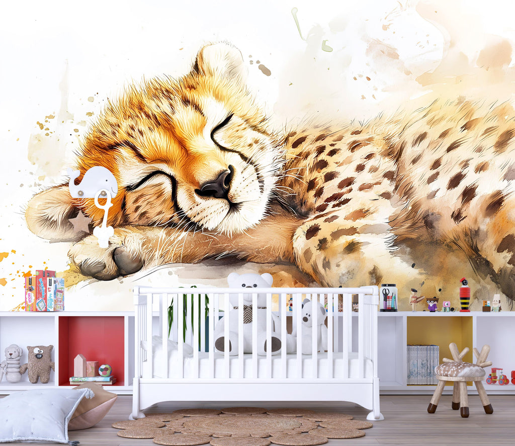 Sleeping Cheetah Wall Mural – Safari Baby Nursery Wallpaper – Jungle Animal Decor – Baby Shower Gift – Gender Neutral Jungle Theme