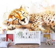 Load image into Gallery viewer, Sleeping Cheetah Wall Mural – Safari Baby Nursery Wallpaper – Jungle Animal Decor – Baby Shower Gift – Gender Neutral Jungle Theme