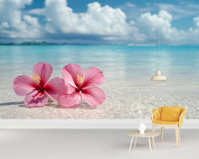 Load image into Gallery viewer, Pink Hibiscus Beach Wallpaper Mural – Tropical Island Wall Art – Ocean Floral Decor – Peel and Stick or Paste – Boho Coastal Bedroom Accent