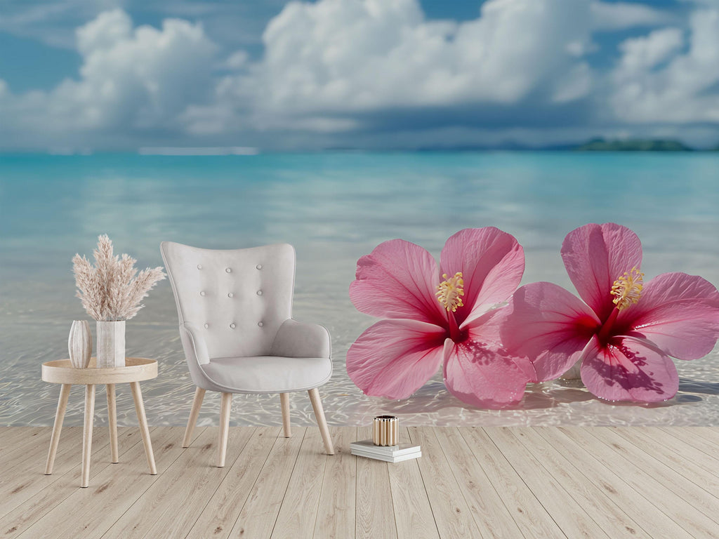 Pink Hibiscus Beach Wallpaper Mural – Tropical Island Wall Art – Ocean Floral Decor – Peel and Stick or Paste – Boho Coastal Bedroom Accent