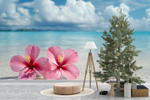 Load image into Gallery viewer, Pink Hibiscus Beach Wallpaper Mural – Tropical Island Wall Art – Ocean Floral Decor – Peel and Stick or Paste – Boho Coastal Bedroom Accent