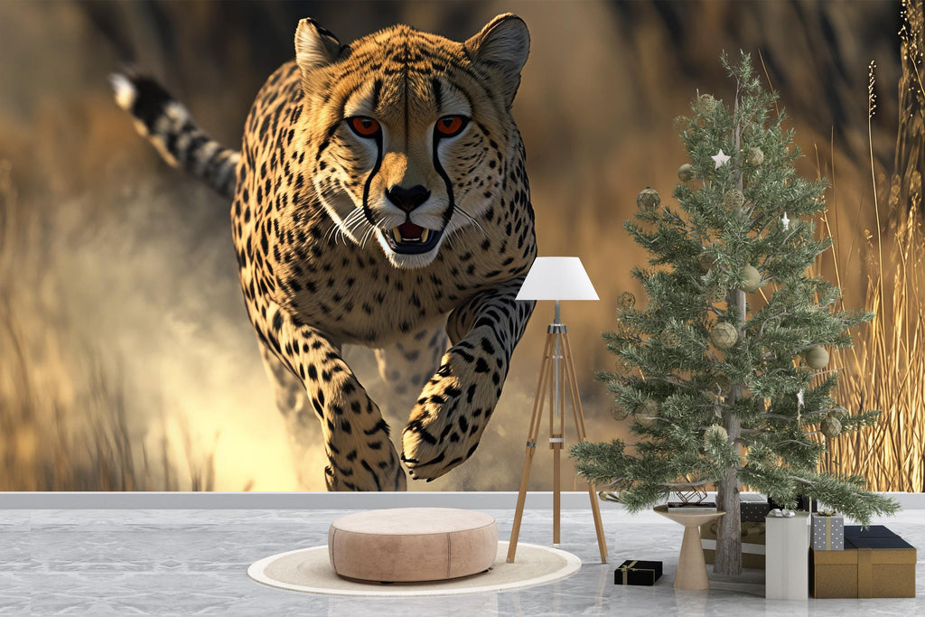 Running Cheetah Wall Mural – Bold Wildlife Wallpaper for Living Room or Office – Stylish Decor Gift – Modern Safari Accent Wall