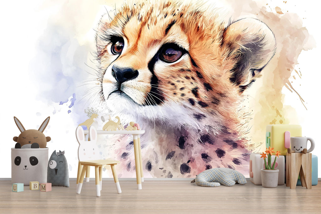 Baby Cheetah Nursery Mural – Watercolor Safari Animal Wall Art – Gender Neutral Baby Room Decor – Baby Shower or Birthday Gift