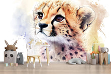 Load image into Gallery viewer, Baby Cheetah Nursery Mural – Watercolor Safari Animal Wall Art – Gender Neutral Baby Room Decor – Baby Shower or Birthday Gift