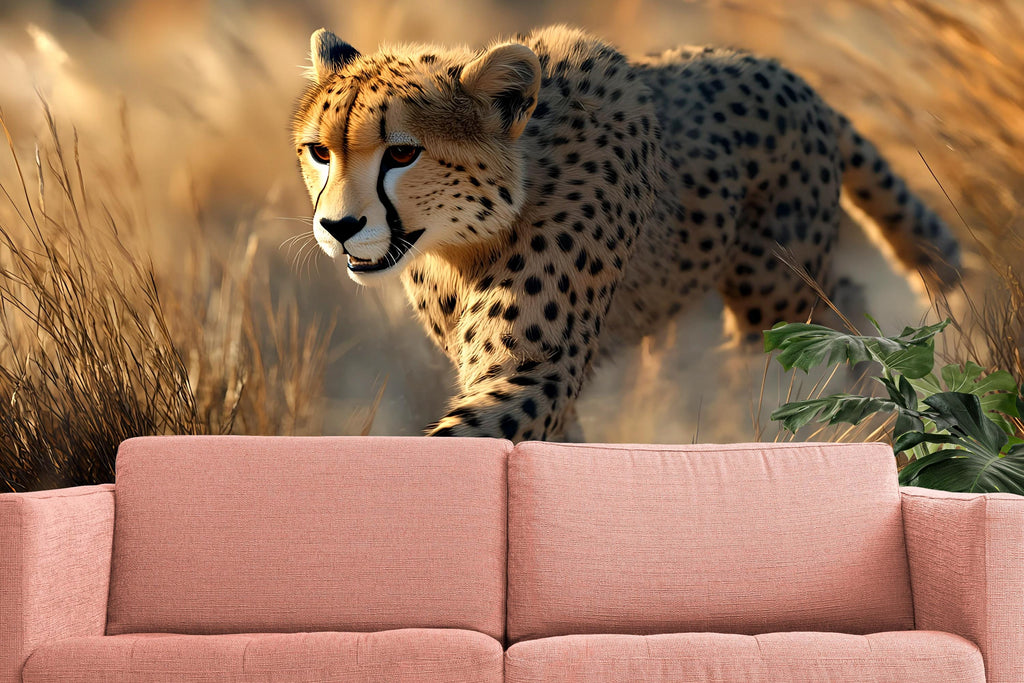 Prowling Cheetah Wall Mural – Bold Safari Accent Wallpaper – Wildlife Art for Stylish Decor – Gift for Him – Birthday or Holiday Idea