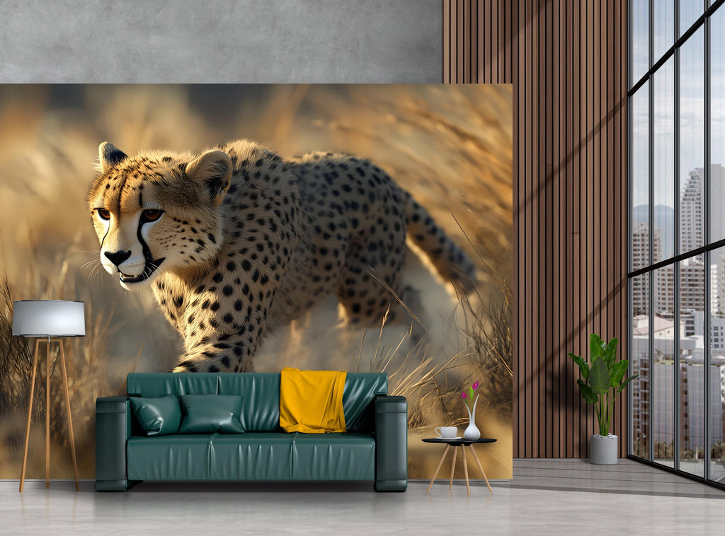 Prowling Cheetah Wall Mural – Bold Safari Accent Wallpaper – Wildlife Art for Stylish Decor – Gift for Him – Birthday or Holiday Idea