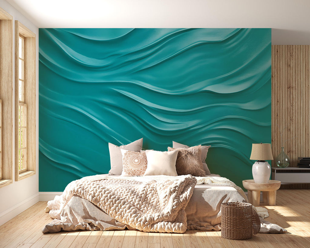 3D Turquoise Wallpaper Mural for Bedroom – Modern Wavy Texture Wall Decor – Aqua Blue Wave Wall Art – Contemporary Textured Accent Wall