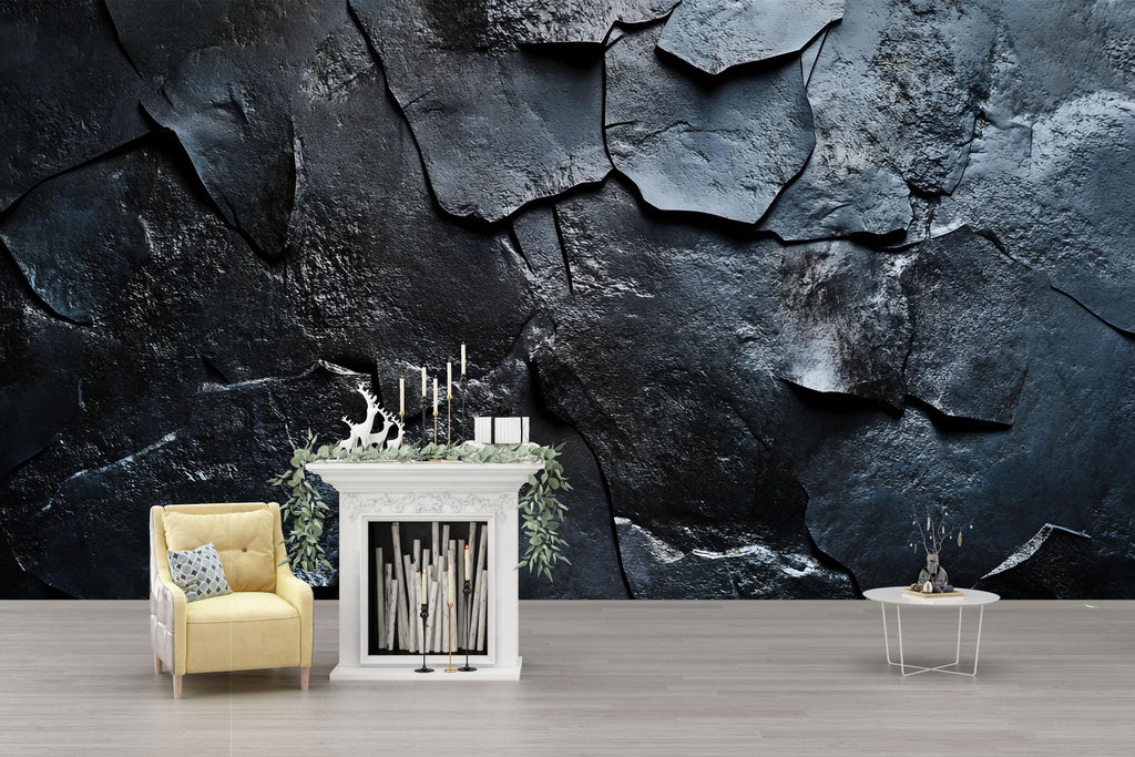 3D Slate Texture Wallpaper – Dark Rock Stone Wall Mural for Living Room or Office – Realistic Industrial Wallpaper – Modern Black Stone Wall