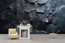 Load image into Gallery viewer, 3D Slate Texture Wallpaper – Dark Rock Stone Wall Mural for Living Room or Office – Realistic Industrial Wallpaper – Modern Black Stone Wall