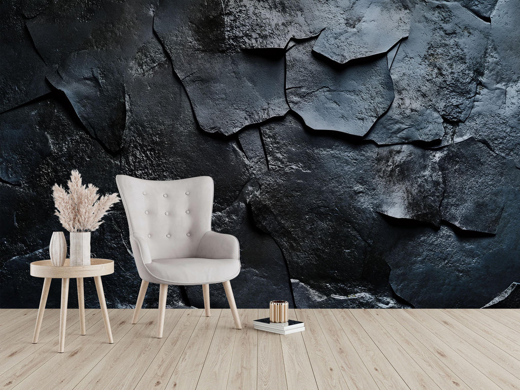 3D Slate Texture Wallpaper – Dark Rock Stone Wall Mural for Living Room or Office – Realistic Industrial Wallpaper – Modern Black Stone Wall
