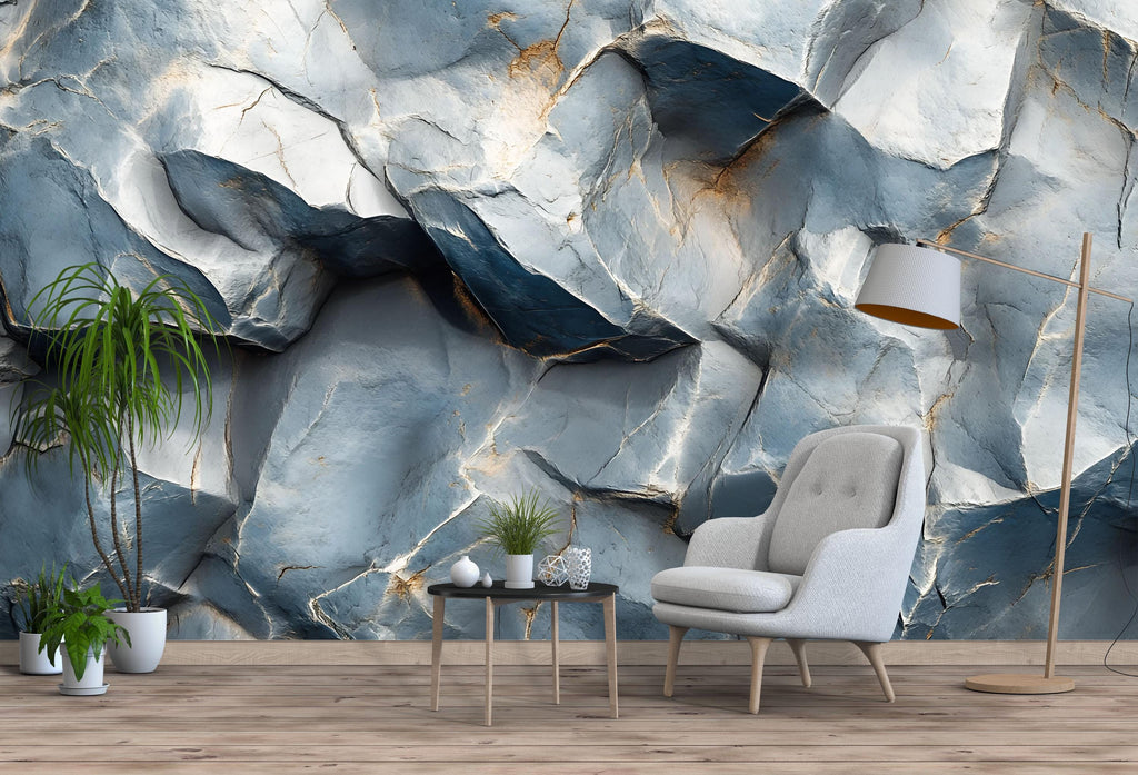 3D Textured Rock Wallpaper – Blue Stone Wall Mural with Gold Veins – Realistic Geode Texture Wallpaper for Modern Living Room Office