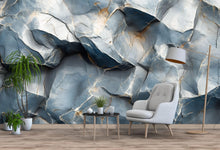 Load image into Gallery viewer, 3D Textured Rock Wallpaper – Blue Stone Wall Mural with Gold Veins – Realistic Geode Texture Wallpaper for Modern Living Room Office