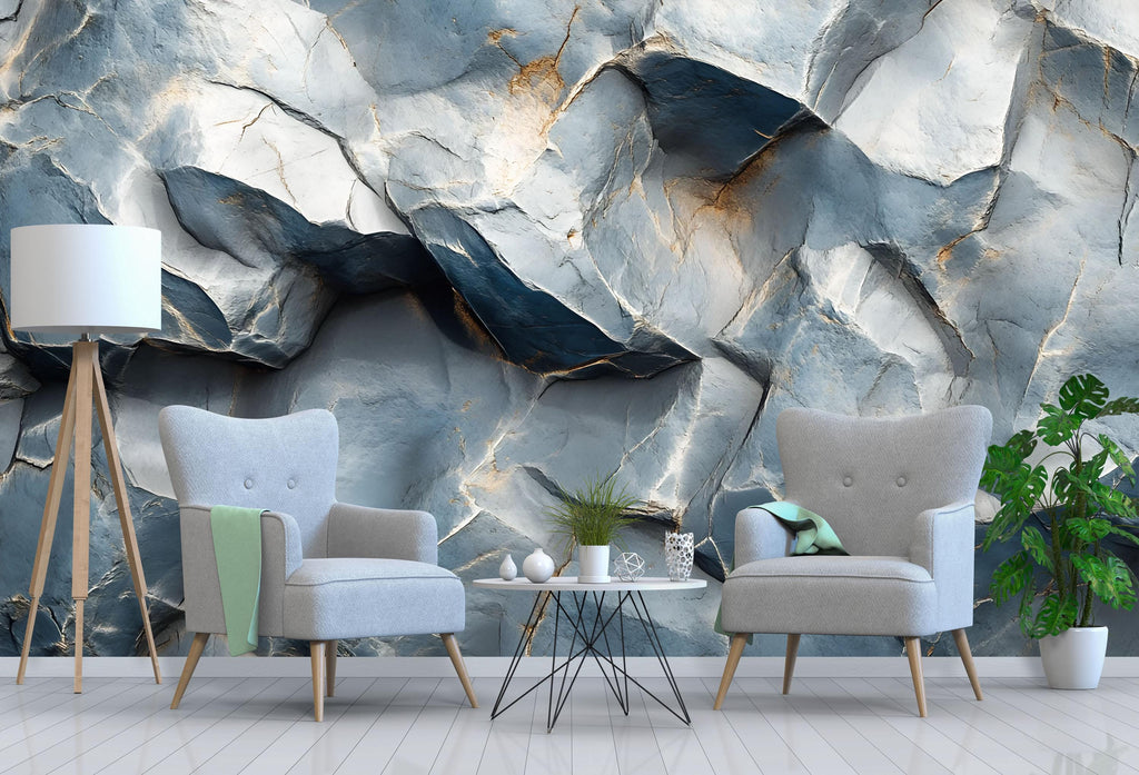 3D Textured Rock Wallpaper – Blue Stone Wall Mural with Gold Veins – Realistic Geode Texture Wallpaper for Modern Living Room Office