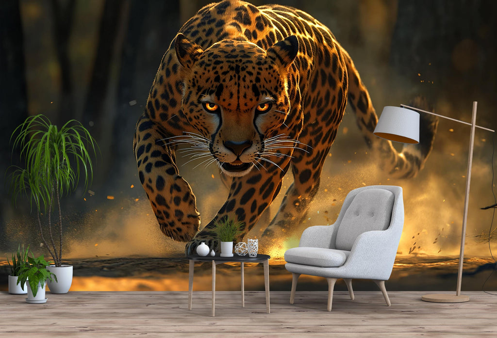 Running Leopard Wall Mural – Bold Safari Wallpaper for Stylish Decor – Wildlife Art Gift for Him – Birthday or Holiday Statement Piece