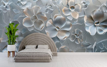 Load image into Gallery viewer, 3D Glass Floral Wallpaper Mural – Elegant Silver Bloom Wall Art for Bedroom or Living Room | Modern Textured Wall Decor | Custom Size