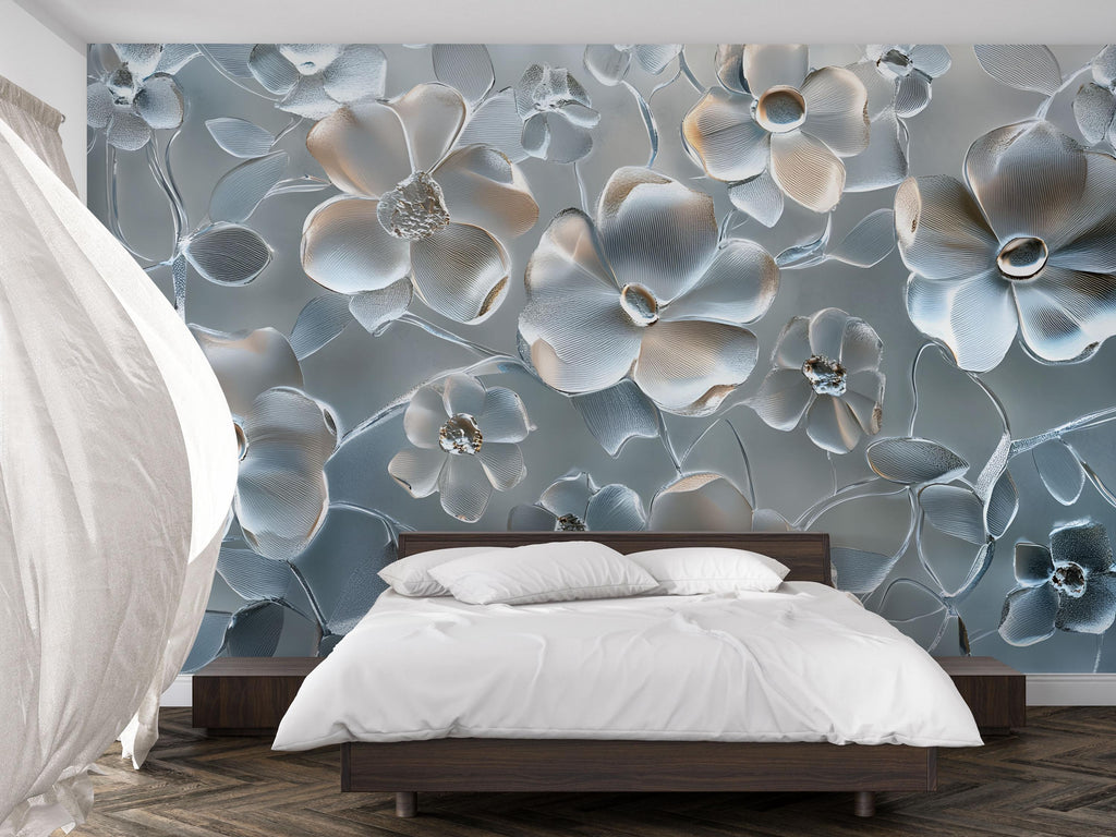 3D Glass Floral Wallpaper Mural – Elegant Silver Bloom Wall Art for Bedroom or Living Room | Modern Textured Wall Decor | Custom Size