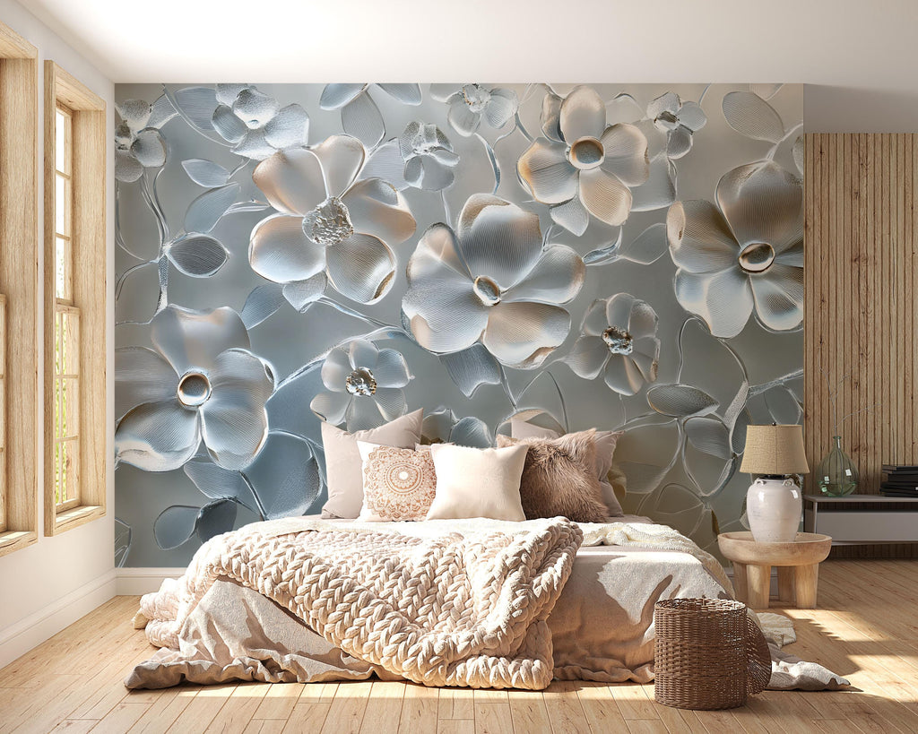 3D Glass Floral Wallpaper Mural – Elegant Silver Bloom Wall Art for Bedroom or Living Room | Modern Textured Wall Decor | Custom Size