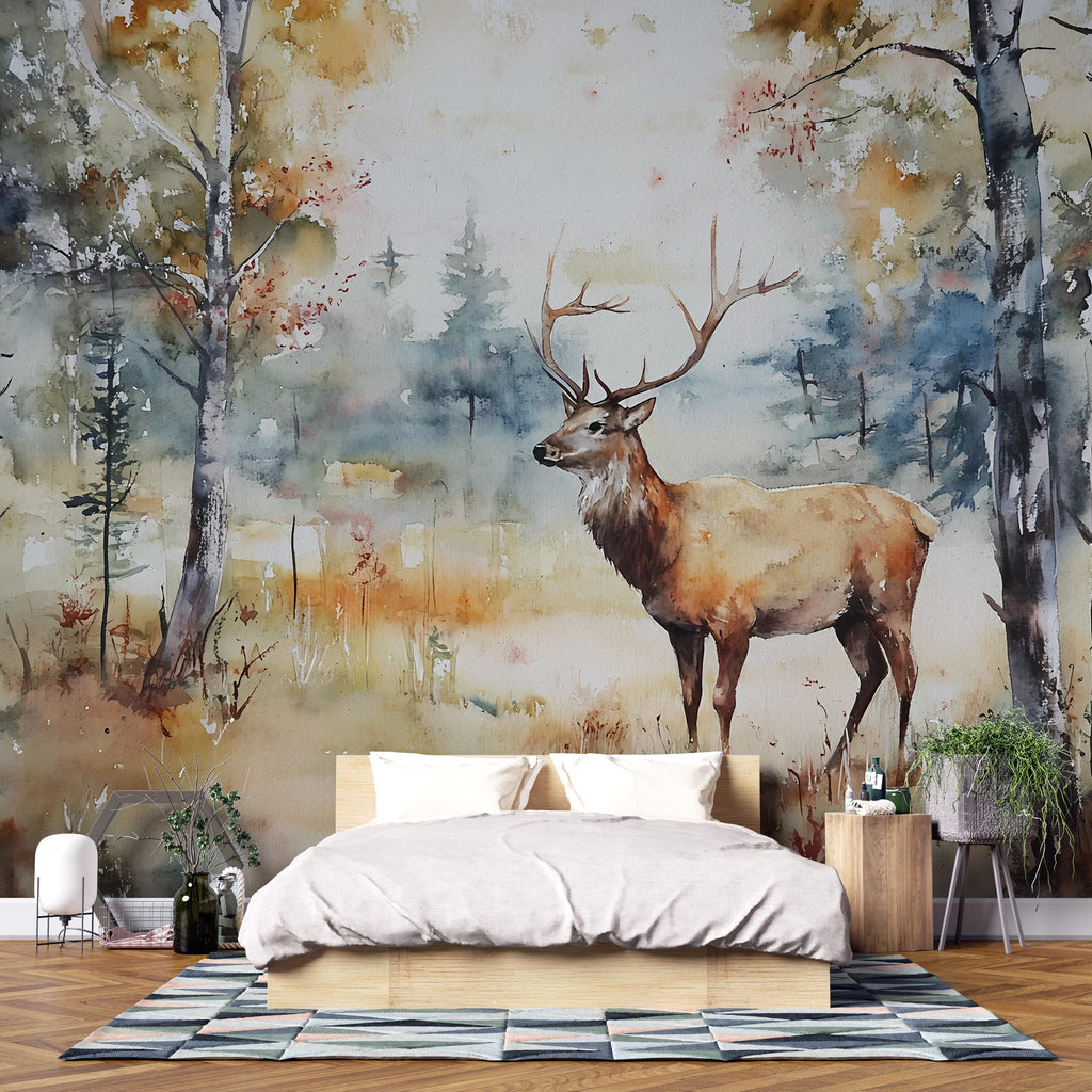 Watercolor Deer Wall Mural – Elegant Forest Scene Wallpaper – Artistic Nature Decor – Gift for Rustic Style or Birthday Home Upgrade