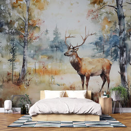 Watercolor Deer Wall Mural – Elegant Forest Scene Wallpaper – Artistic Nature Decor – Gift for Rustic Style or Birthday Home Upgrade