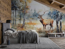 Load image into Gallery viewer, Watercolor Deer Wall Mural – Elegant Forest Scene Wallpaper – Artistic Nature Decor – Gift for Rustic Style or Birthday Home Upgrade