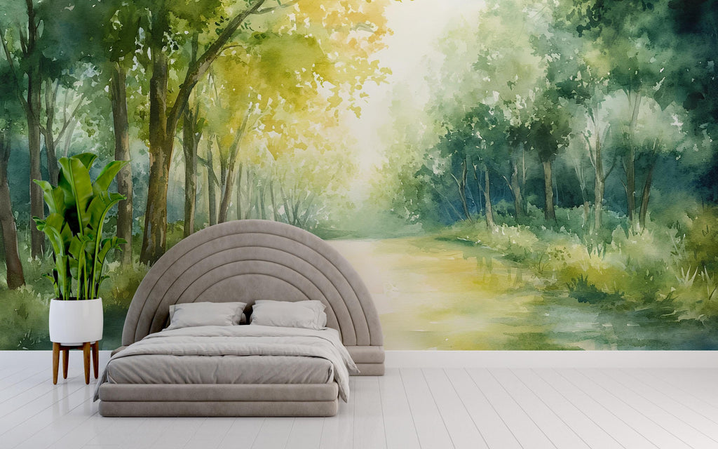 Watercolor Forest Wall Mural – Green Woodland Nature Wallpaper – Artistic Landscape Decor – Gift for Stylish Homes or Holiday Interiors