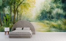 Load image into Gallery viewer, Watercolor Forest Wall Mural – Green Woodland Nature Wallpaper – Artistic Landscape Decor – Gift for Stylish Homes or Holiday Interiors