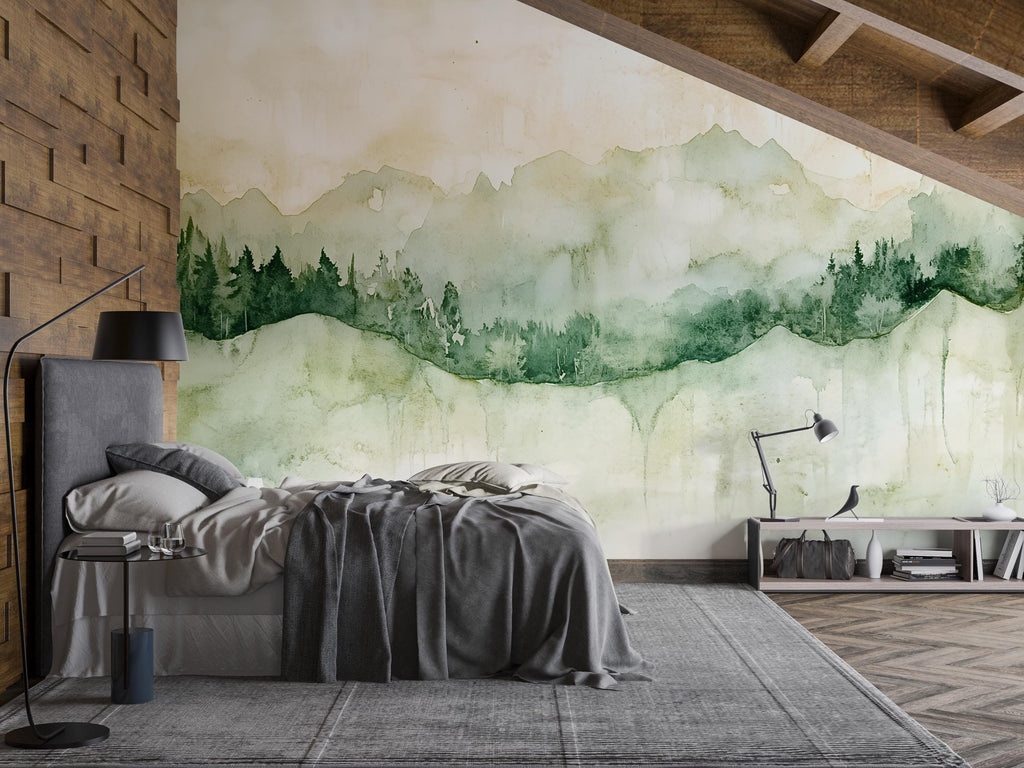 Watercolor Mountain Wall Mural – Minimalist Green Landscape Wallpaper – Stylish Nature Decor Gift – Artistic Bedroom or Holiday Accent