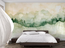 Load image into Gallery viewer, Watercolor Mountain Wall Mural – Minimalist Green Landscape Wallpaper – Stylish Nature Decor Gift – Artistic Bedroom or Holiday Accent