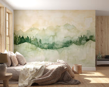 Load image into Gallery viewer, Watercolor Mountain Wall Mural – Minimalist Green Landscape Wallpaper – Stylish Nature Decor Gift – Artistic Bedroom or Holiday Accent