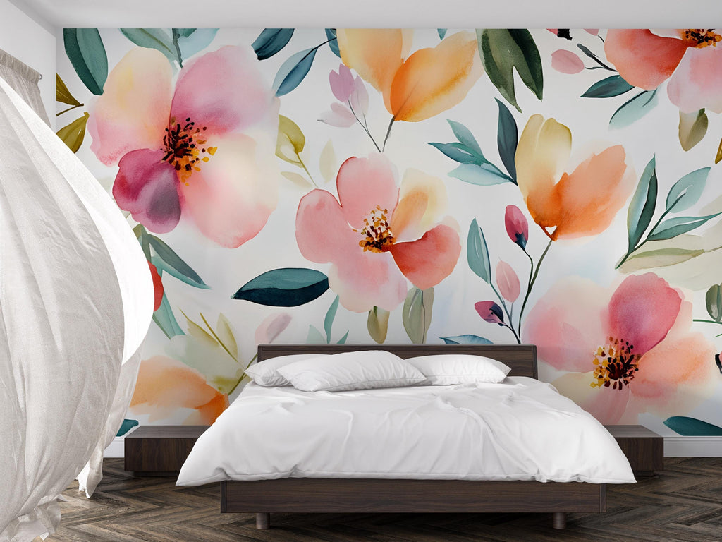 Watercolor Floral Wall Mural – Bright Botanical Wallpaper for Stylish Decor – Gift for Art Lovers – Birthday or Holiday Room Accent