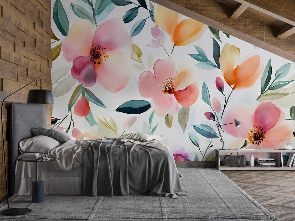 Watercolor Floral Wall Mural – Bright Botanical Wallpaper for Stylish Decor – Gift for Art Lovers – Birthday or Holiday Room Accent