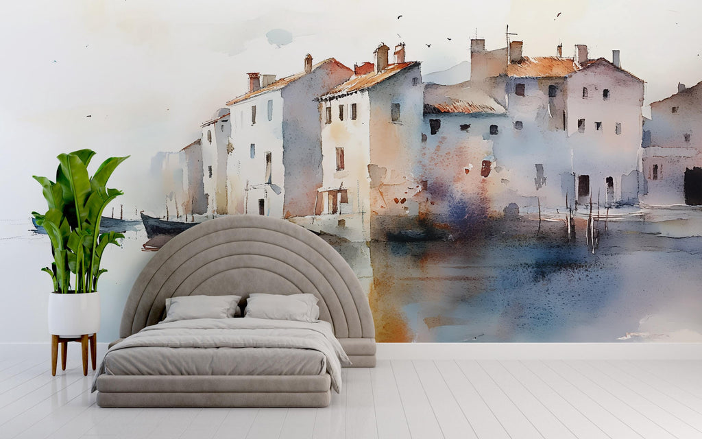 Watercolor Coastal Village Wall Mural – Artistic Waterfront Wallpaper – Gift for Stylish Interiors – Holiday or Birthday Art Decor