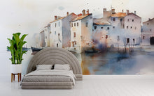 Load image into Gallery viewer, Watercolor Coastal Village Wall Mural – Artistic Waterfront Wallpaper – Gift for Stylish Interiors – Holiday or Birthday Art Decor