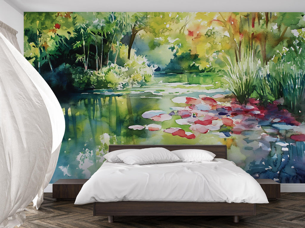Watercolor Pond Wall Mural – Lily Pad Garden Landscape Wallpaper – Artistic Nature Decor Gift for Birthday or Holiday Home Makeovers