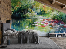 Load image into Gallery viewer, Watercolor Pond Wall Mural – Lily Pad Garden Landscape Wallpaper – Artistic Nature Decor Gift for Birthday or Holiday Home Makeovers