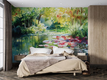 Load image into Gallery viewer, Watercolor Pond Wall Mural – Lily Pad Garden Landscape Wallpaper – Artistic Nature Decor Gift for Birthday or Holiday Home Makeovers