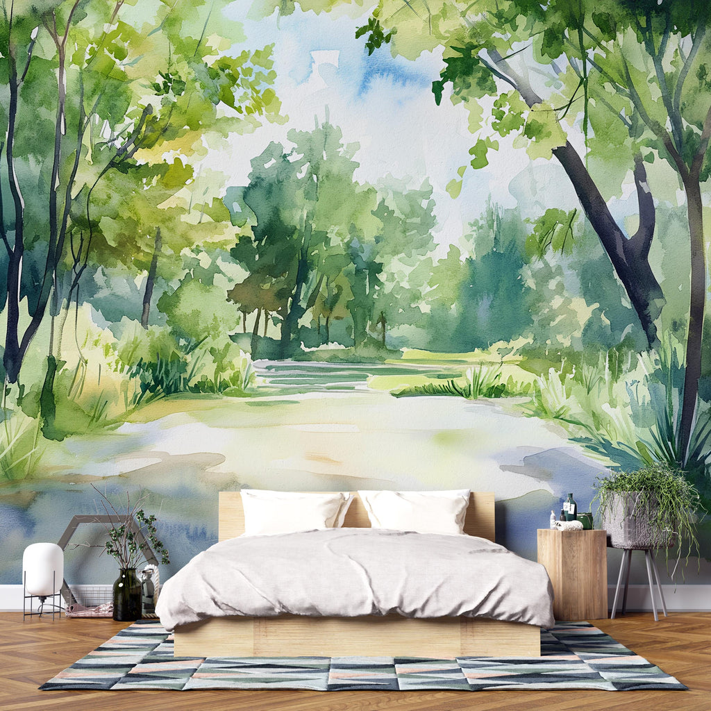 Watercolor Forest Path Wall Mural – Green Nature Landscape Wallpaper – Artistic Home Decor Gift for Birthday or Holiday Interior Style