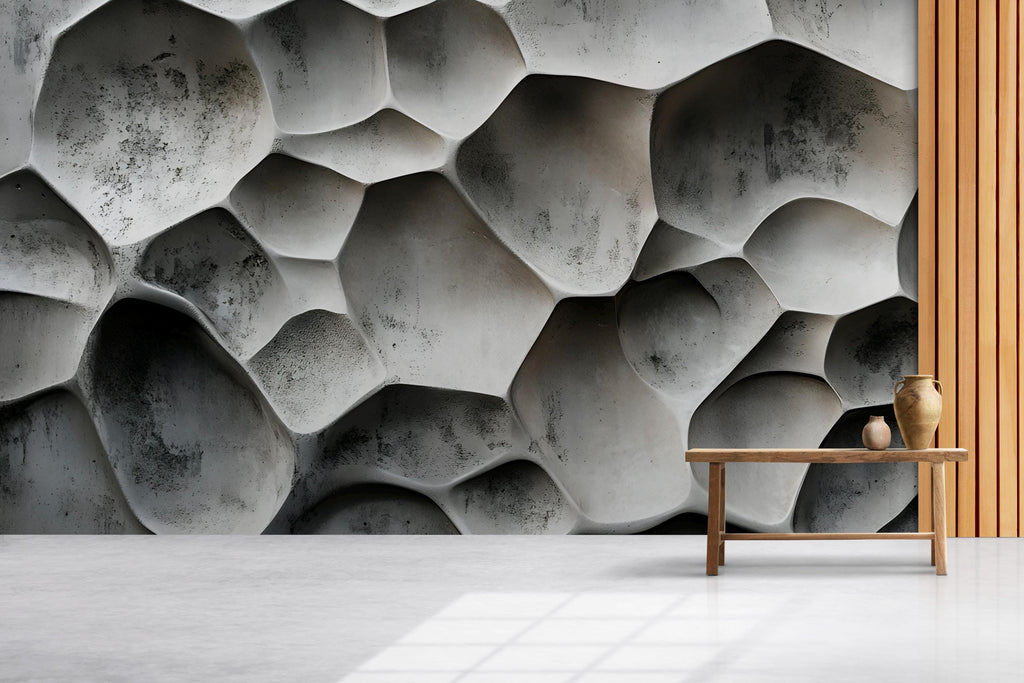 3D Honeycomb Concrete Texture Wallpaper – Abstract Modern Wall Mural for Living Room, Office or Loft | Industrial Wall Decor
