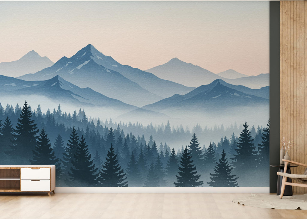 Mountain Wallpaper Peel and Stick Mountain Watercolor Wallpaper Mountain Wall Art Pine Tree Nature Wallpaper Blue Mountain Mural 735RS