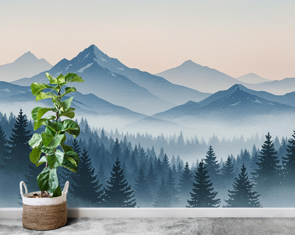 Mountain Wallpaper Peel and Stick Mountain Watercolor Wallpaper Mountain Wall Art Pine Tree Nature Wallpaper Blue Mountain Mural 735RS