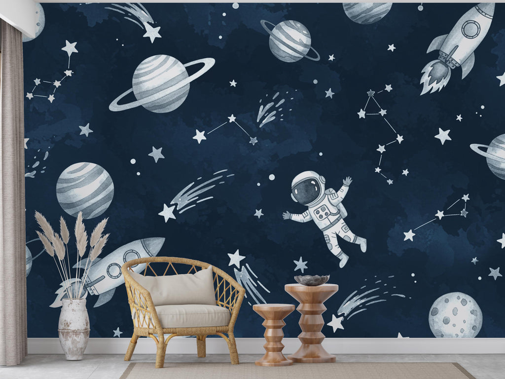 Space watercolor Wall Decal | Astronaut Space Wall Mural | Outer Space Wallpaper | Stars and Planets Wall Art | Astronomy Room Decor 736RS