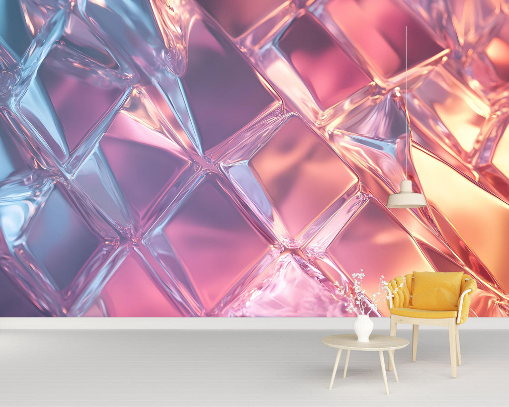 3D Holographic Crystal Wallpaper – Iridescent Glass Textured Wall Mural in Pink Purple & Blue | Modern Peel and Stick Wall Art