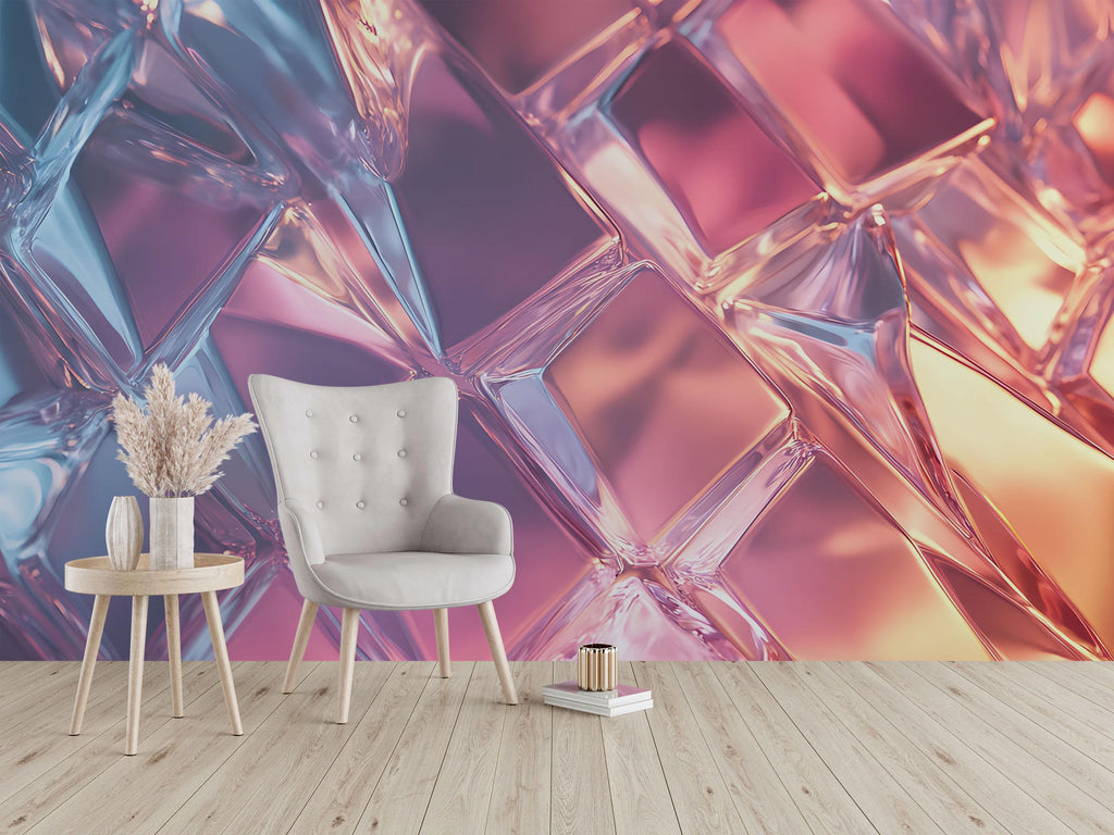 3D Holographic Crystal Wallpaper – Iridescent Glass Textured Wall Mural in Pink Purple & Blue | Modern Peel and Stick Wall Art