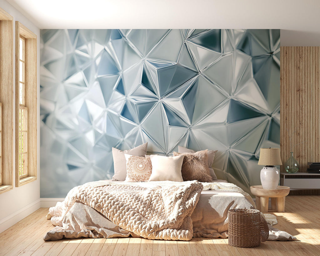 3D Geometric Crystal Wallpaper – Silver Blue Prism Wall Mural | Faceted Texture Peel & Stick Wall Decor | Modern Abstract Accent Wall
