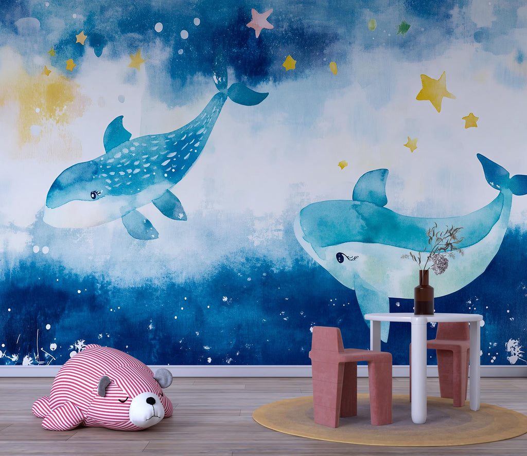 Watercolor Whale Nursery Mural – Baby Ocean Wall Art – Cute Blue Sea Wallpaper – Holiday or Birthday Gift for Kids' Room or Nursery